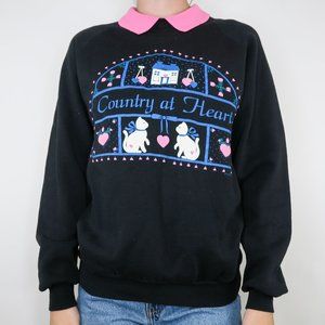 Vintage 90s Gopher Sport Graphic Cat Lady Collared Sweatshirt - Black & Pink